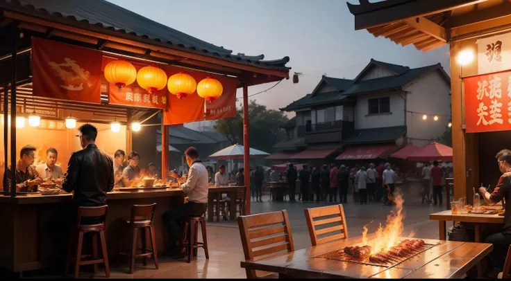 Chinese barbecue stall，Full of pyrotechnics，Two people chatting around a barbecue table。BBQ stall owner burning barbecue in the distance，There are many guests around the table