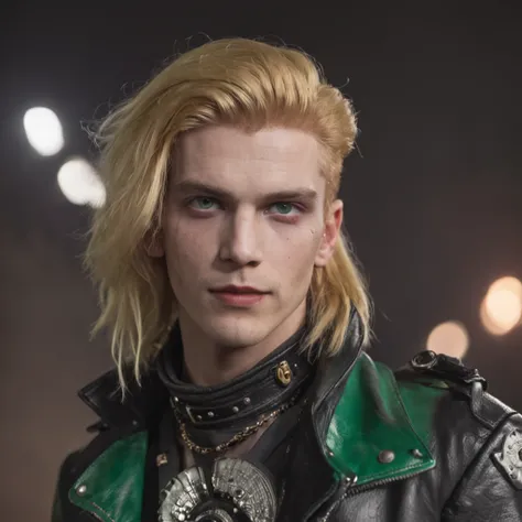 Young men，Handsome，k hd，golden hair，Hair has white dye，There are two moles under the right eye，Emerald green eyes，plays the guitar，the guitar player，cyber punk perssonage，photorealestic，mid - length hair，There is a prosthetic body on the face