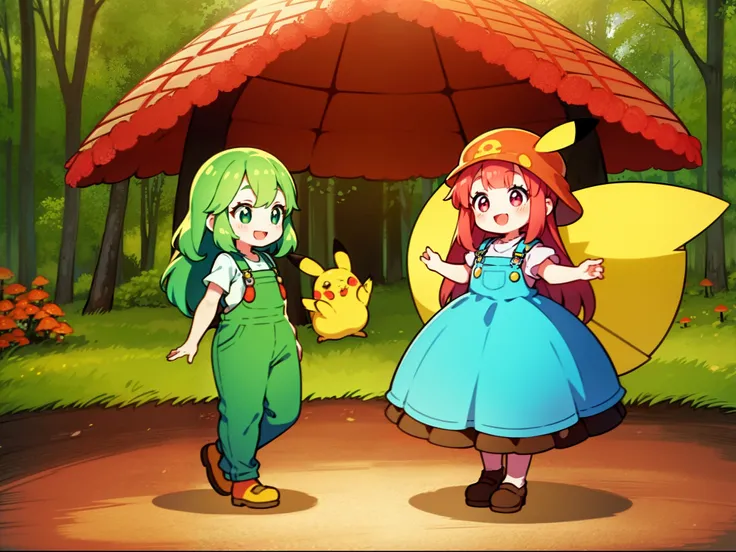 Two happy girls in a fairytale forest, full body photographed, Laughs, round face, in multi-colored overalls, autumn, shrooms, Berries. big eyes, long eyelashes. Leshy, Hayao Miyazaki, Forest Spirits, Pikachu, Other small animals. bright colours, Fairytale...