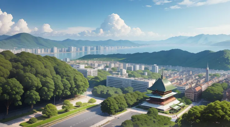 城市，greenery，wide angles，Skysky，bustling