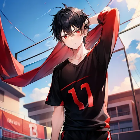 1 boy, black hair,  red eyes, volleyball jersey, jersey number 11