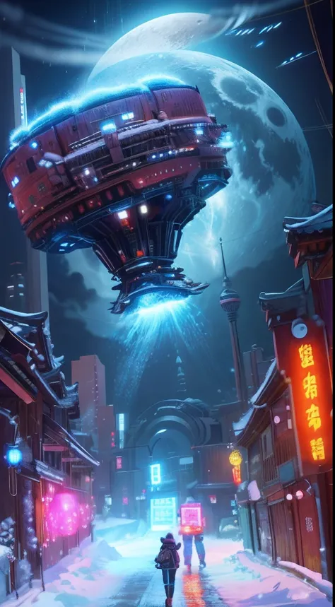 sci-fy，stray，Moon， Moon，starrysky，space ship，pandas，Chengdu, sichuan，Lanterns for ancient Chinese buildings，pylons，alley，snow mountains，sci-fi vibes，Huge sense of contrast，lamplight，Pillars of light soared into the sky，High-precision illustration，SENSE OF ...