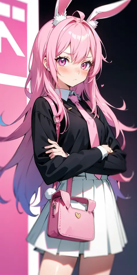 Anime girl with pink hair and bunny ears in pink tie, pink eyes, shy blush, pretty, small satchel, cyberpunk