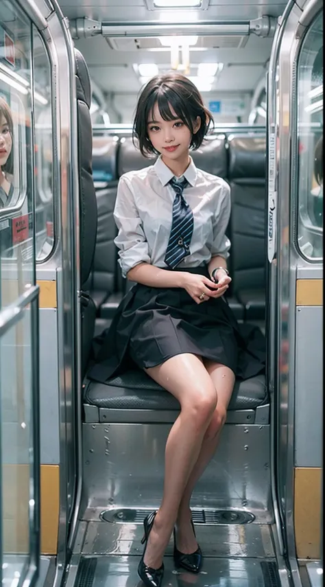 NSFW, 1girl in, Smiling smile, The costume is sheer, de pele branca, slender, Dark hair, short-hair, beauty legs, Small buttocks, Wet, On the train, Sit in the seat, ((Wear clothes on your upper body)), ((Sit in front of the camera)), ((The skirt is defini...