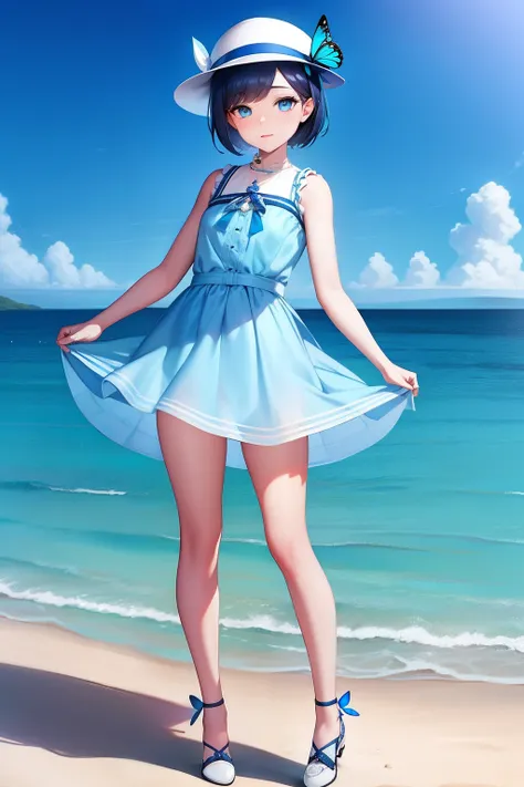 a pregirl，Small white cap，There are blue butterflies on the hat，dark blue short hair，Turquoise blue eyes，White transparent dress，short  skirt，There are blue butterflies on the waist，exposing thighs，White shoes，Have by the sea，On the beach