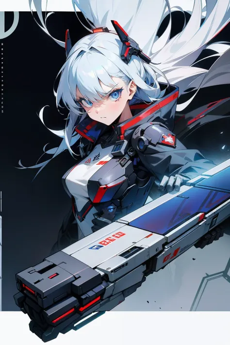 "Cyborg girl with sword，Silver hair and blue eyes，Sci-fi wallpaper，azur lane style，Cyberpunk mech girl，Angry cyborg woman，Broken beautiful robot，SSSS.Gridman style (2018)"