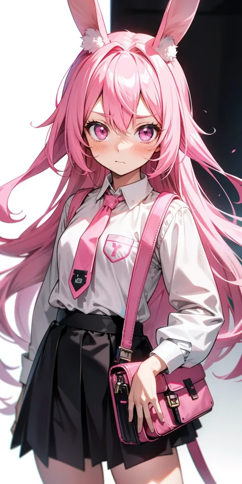 Anime girl with pink hair and bunny ears in pink tie, pink eyes, shy blush, pretty, small satchel, cyberpunk