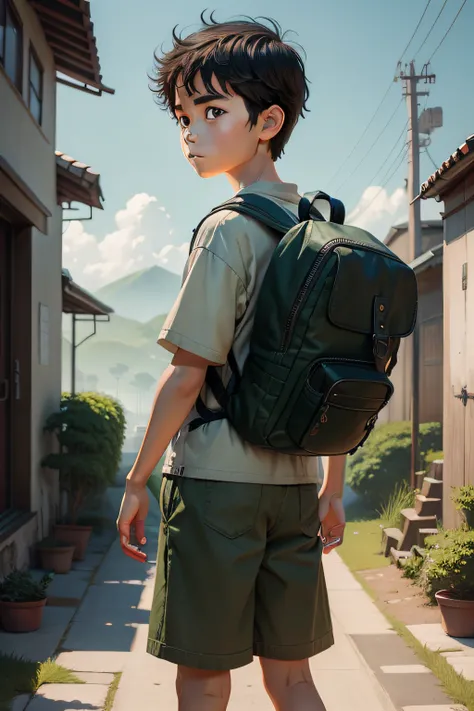 Boy with backpack， Miyazaki painting style