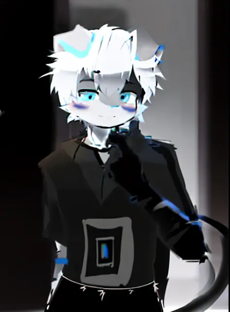 A painting of a man in a black shirt and white hair, escala cinza, mostly greyscale, unknown artstyle, sketchy artstyle, 2 d anime style, flat anime style shading, Tall anime guy with blue eyes, Boy with cat ears and tail, discord pfp, an anthro cat, autho...