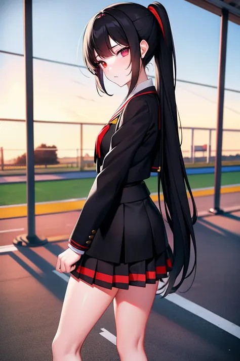 schoolgirls，Long black double ponytail hair，Red and yellow heterochromic pupils，White JK uniform，short  skirt，playground