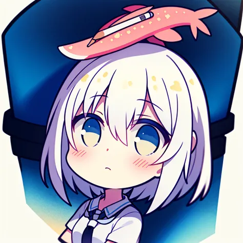 fish on the head, solo, 1 girl, looking at viewer, upright, concept art, white background, simple background, white hair, gradient hair, short sleeves, watercolor pencil, expressionless, blush, virtual youtuber