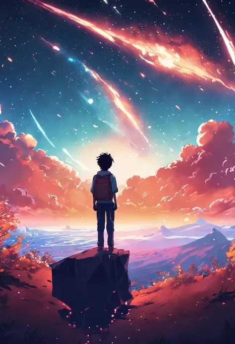 anime boy standing on a rock looking at a star filled sky, makoto shinkai cyril rolando, anime art wallpaper 4k, anime art wallpaper 4 k, anime art wallpaper 8 k, cosmic skies. by makoto shinkai, inspired by Cyril Rolando, in the style dan mumford artwork,...