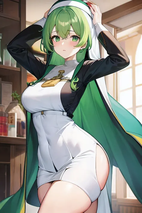 Green hair，lewd nun，white  clothes