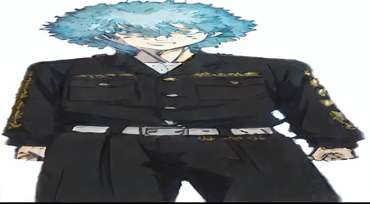 a cartoon image of a man in a uniform with blue hair, jk uniform, shuushuu anime image, gilded black uniform, in black uniform, black armored uniform, with white kanji insignias, in black military uniform, hijikata toushirou of gintama, tsukasa dokite, ful...