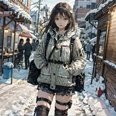 Woman in short skirt and jacket standing in the snow, Guviz-style artwork, Guviz, Guweiz on ArtStation Pixiv, Guweiz in Pixiv ArtStation, Anime style mixed with Fujifilm, cyberpunk anime girl, By Yuumei, Anime girl in real life, Realistic anime 3 D style F...