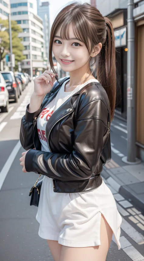 cyber diva, poneytail, streets of tokyo, a smile, brown hair,