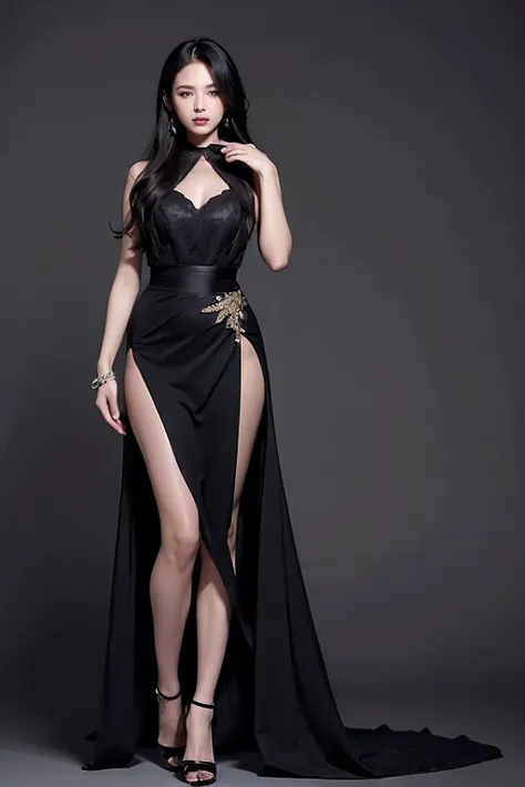 The woman stood in front of a dark background，She wears a long, close-fitting black dress，The design of the skirt is simple and generous，Without any excessive decoration，Show her noble temperament。The hem of the skirt is slightly unfolded，Form a beautiful ...