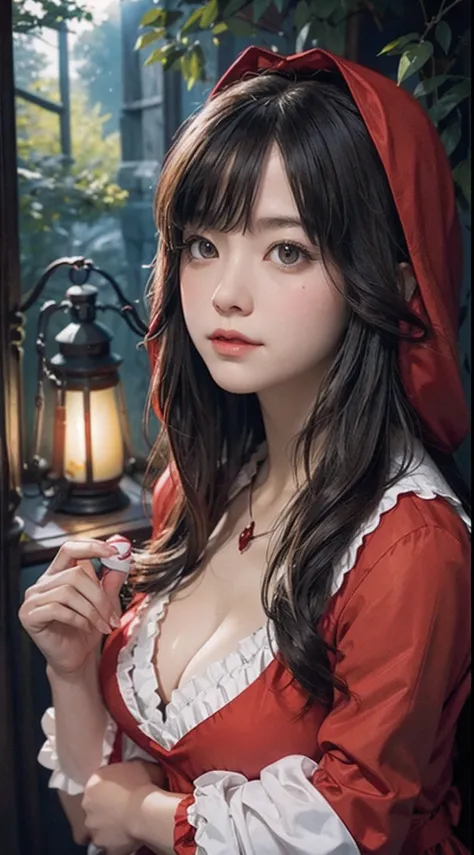 red riding hood、Teen Girls、cleavage of the breast、mid night、Pitch Black Forest、、Lantern Light Up、Shade Touch、Pitch black background、Detailed face close-up、