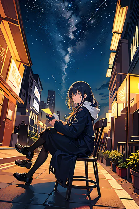 octans, sky, star (sky), scenery, starry sky, night, 1girl, night sky, solo, outdoors, building, cloud, milky way, sitting, tree, long hair, city, silhouette, cityscape