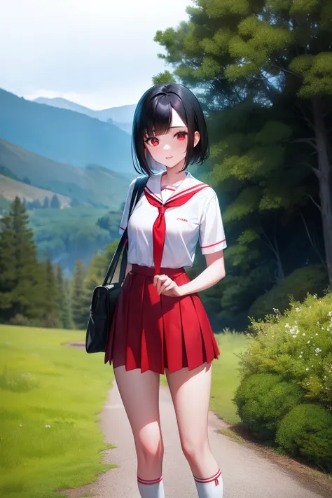 teens girl，with short black hair，Red eyes，White school uniform，short  skirt，above the mountains，In the forest。