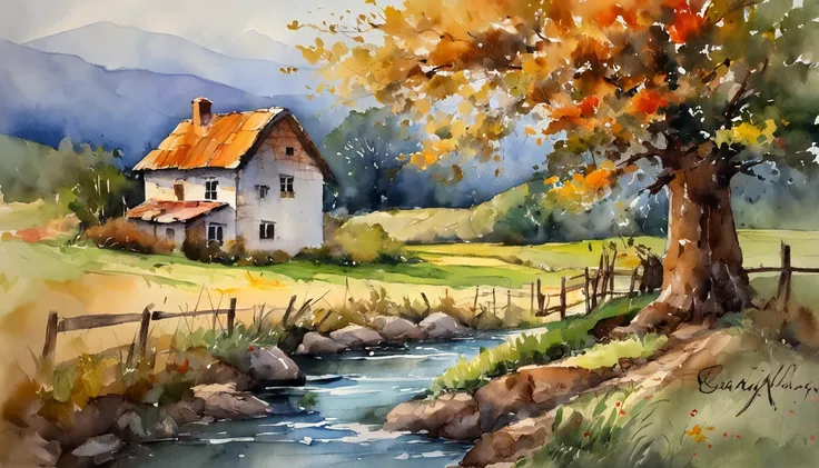 Farmhouse under a big tree by the stream, Sunset,  Oil painting, Classic style, Rich colors, Brush Strokes, Vibrant textures, Expressive portrait, Dynamic composition, Capture light and shadow, Artistry, Timeless beauty.