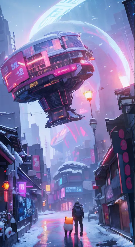 Cyberpunk returns，blue tint，pandas，Chengdu, sichuan，Ancient buildings，pylons，alley，snow mountains，sci-fi vibes，Huge sense of contrast，lamplight，Pillars of light soared into the sky，High-precision illustration，SENSE OF CINEMA，火焰，Snow，cyber punk perssonage，n...