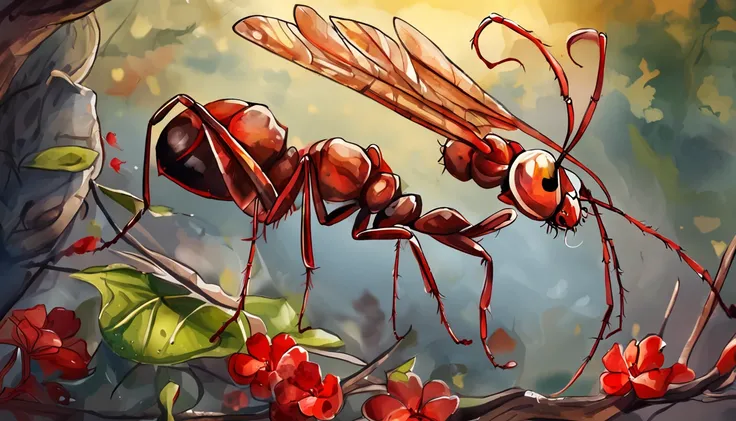 Masterpiece, Majestic ant close-up，，The surging gaze focused on the screen，Red tone，Highest quality view, Dramatic lighting, Intricate details, Sharp focus, 16k, ADVNTR, Professional illustration, Fluorescent flowers, (Hanging glowing crystals), vines, Ill...