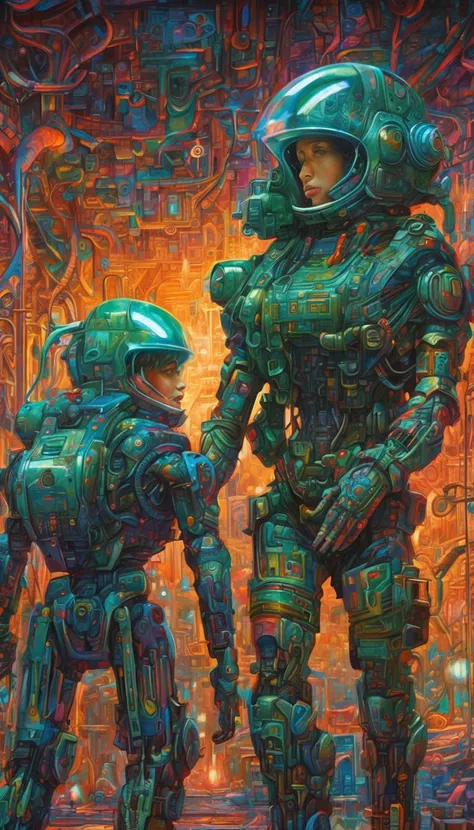 Cyberpunk engineers in mecha space,Futuristic athlete for the Space Olympics,(Oil painting,Oil painting and the art of Leonardo da Vinci:1.55),Pointillism Magic,Surreal psychedelic avant-garde art in the style of Long Tail Yang,Eric Medigan Heck, Yayoi Kus...