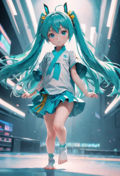 7 year old girl Hatsune Miku, full bodyesbian，Barefoot，Front view, Focus on appearance，Reflect everything, (tmasterpiece) (8K high resolution) (best qualityer) (hyperdefined) (Ultra photo realsisim)(photo RAW) (photograph of-realistic) (Bright lighting)