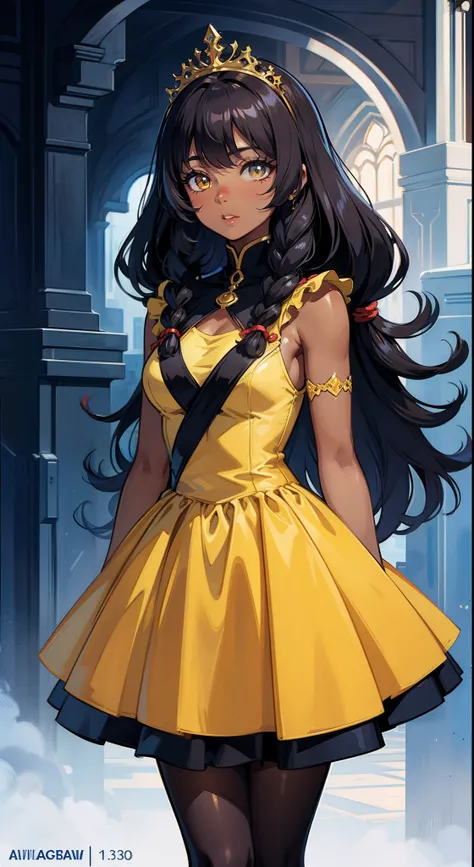 detailed cartoon, Black young princess sister with hair braids and almond-shaped eyes, Dark brown skin, The whole body is wearing a yellow princess dress, cartoon character, 8K, High quality, high resolution, 4K, HD,(Well-designed body), amazing body, (Sup...