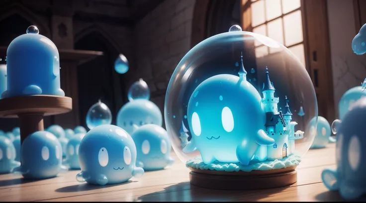 Many small translucent blue slimes are moving towards the taller castle。tmasterpiece。best qualtiy。