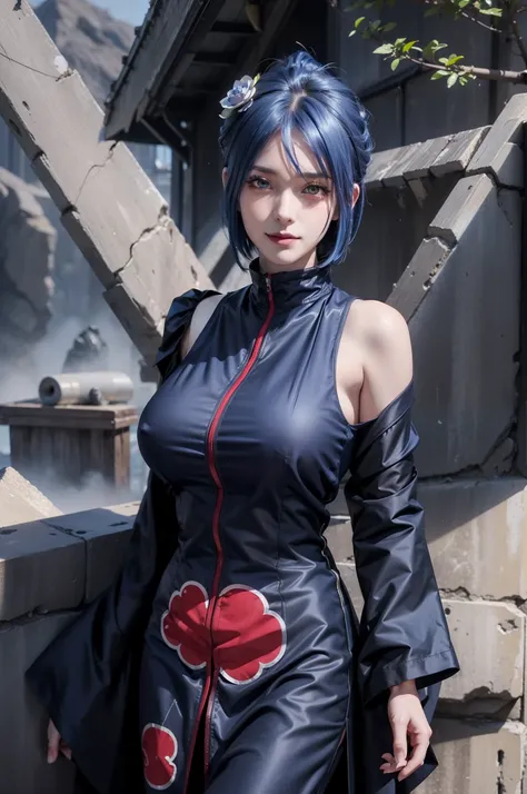 1girl, konan akatsuki in anime naruto, short hair, blue hair, yellow eyes, smile, beautiful, sexy dress, sexy clothes, black and red clothes, very big breast, realistic clothes, detail clothes, outdoor background, ultra detail, realistic