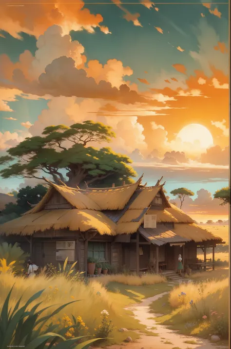 manga watercolor & oil illustration that shows a thatched roof village in front of the sunset across the savannah, in the style of liam wong, tranquil serenity, 2d game art, uhd image, vibrant palette, pixelated landscapes:: manga watercolor & oil painting...