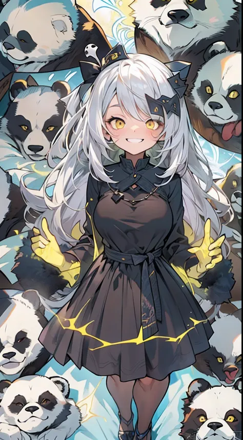 (1beautiful girl)、(abnormally large breasts)、(well tanned skin:1.5)、、(Sleep on luxurious panda-shaped cushions)、(Witch Parker Costume:1.0)、(Yellow aura emanating from clothes:1.5)、(White hair)、(10-year-old figure)、(confident grin:1.2)、(Dark hair)、(Top imag...