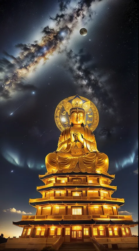 edd, Maitreya Bodhisattva,Maitreya, A huge golden Buddha statue sits in a room with blue ceiling and blue sky background with clouds, above_Clouds, Airship, aurora, bridge, Building, Castle, chimneys, City, City_lamp lights, Cityscape, clock, clock_Tower, ...