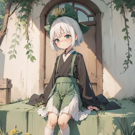 Green onions taller than a person，blossom flower，one-girl，Loli,elementary student，独奏, (with short white hair:1.2),