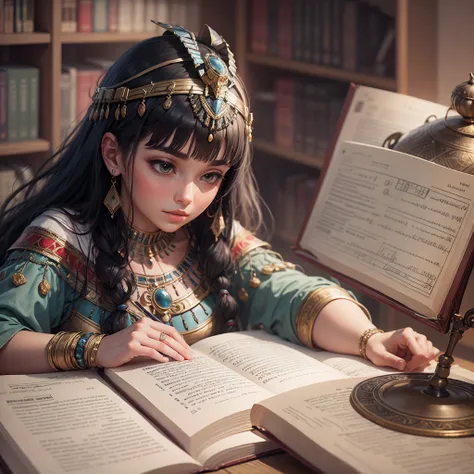 An illustration of Cleopatra engaged in various intellectual pursuits, such as studying astronomy, mathematics, and philosophy. --auto --s2