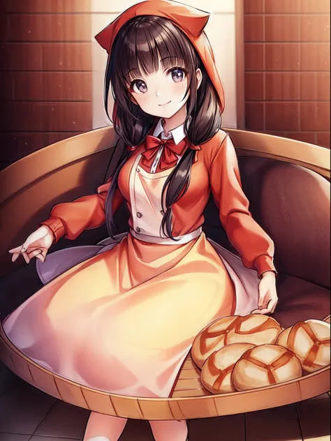 ((red clothing)), 1girl in, Cat tail, Smile, pinafore, Bread on the tray, Solo,  Long hair, Closed mouth, Long sleeves, low twintails, breasts, Blunt bangs, ((masutepiece)),(((Best Quality))), ((Ultra-detailed)), ((Illustration)), masutepiece, Best Quality...