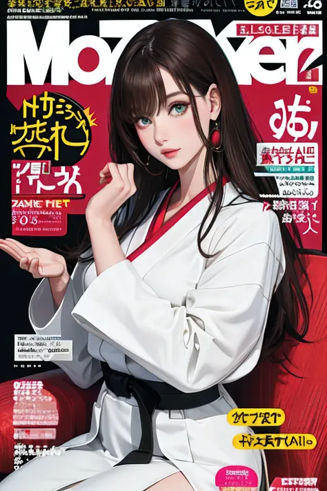 MagazineCover， tmasterpiece， Best quality at best， brunette color hair， japanes， MagazineCover， The upper part of the body， green-eyed， KARATE， woman ，titles，Whirlwind Maiden， blackbody，smart，