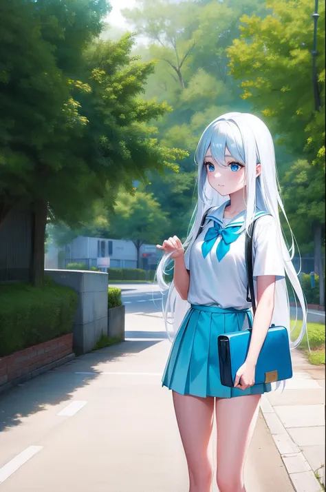 schoolgirls，long  white hair，Turquoise blue eyes，T-shirt，short  skirt，satchel，street，Roadside。