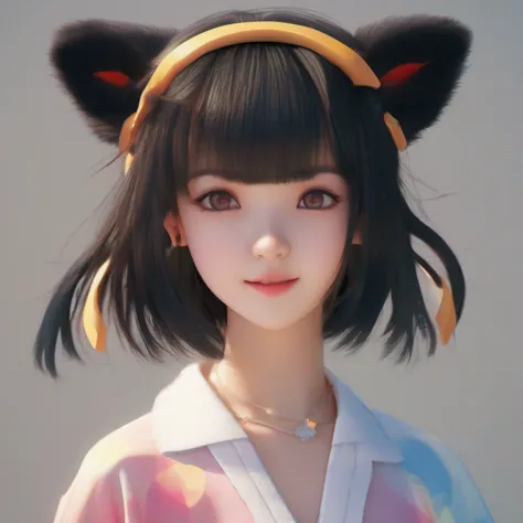 black hair, hair bobbles, wince, longeyelashes, solid circle eyes, fake animal ears, light smile, ear blush, fang, mole under eye, evil smile, Surrealism, drop shadow, anaglyph, stereogram, tachi-e, pov, atmospheric perspective, symmetry, chiaroscuro,  sup...