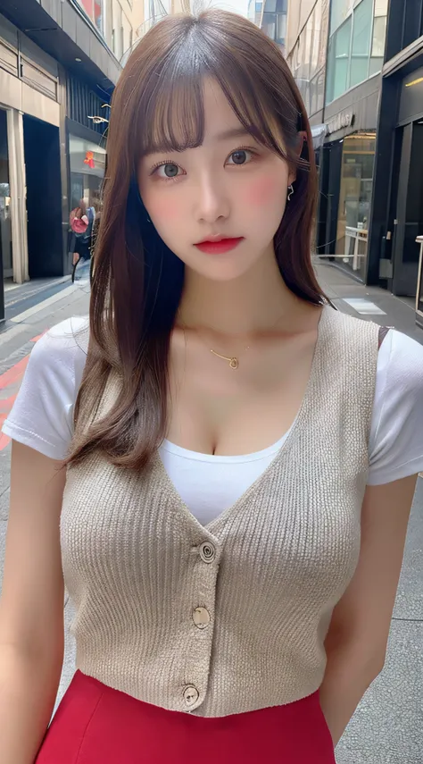 (Realistic, high resolution:1.3), 1 girl with perfect figure, Super fine face and eyes, Long hair, vests: 1.Two random colors, Short skirt, the city street, Big breasts, Exposed cleavage