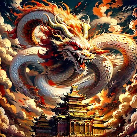 Best quality,masterpiece,ultra high res,nu no humans, (long:1.2),no humans, cloud, architecture, east asian architecture, red eyes, horns, open mouth, sky, fangs, eastern dragon, cloudy sky, teeth, flying, fire, bird, wings