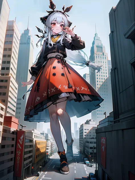 1girll，Be red in the face，Comfortable expression，walk，{{{Giantess}}}，A giantess，10 meters tall girl，1girll，modern miniature city，The city was trampled by her，Walk in modern miniature cities ，The crowd fled in a hurry，Cats paw gesture，