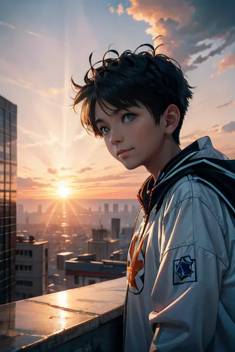 tmasterpiece，best qualityer，cinematic Film still from，1 Boy Central，natta，starrysky，Cloud Boy，floating into the sky，Close-up，brightly，cheerfulness，Soft lighting and warmth，Sun sunset，spark of light