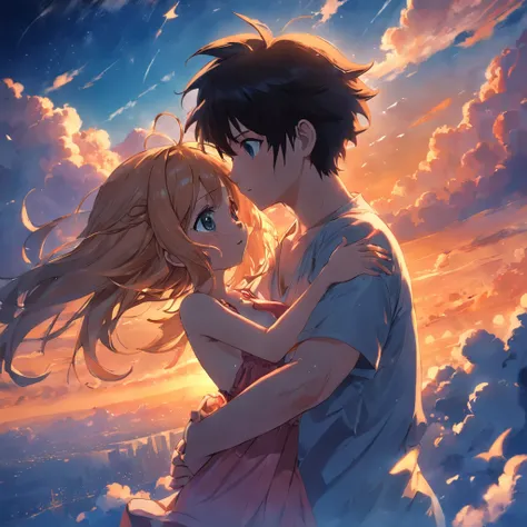 tmasterpiece，best qualtiy，cinematic Film still from，1girll，Cloud boy and girl hug，Floating in the sky，closeup cleavage，brightly，cheerfulness，Warm and soft lighting，the sunset