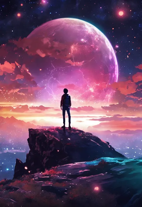 Anime boy standing on a rock looking at the sky full of stars, Makoto Shinkai Cyril Rolando, Anime art wallpaper 4k, Anime art wallpaper 4 K, Anime art wallpaper 8 K, Cosmos Sky. By Makoto Shinkai, Inspired by Cyril Rolando, in the style dan mumford artwor...