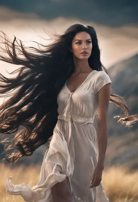 a beautiful and enchanting college student, black hair, long hair, wind slightly blowing through her hair, photorealistic rendering, using cinema 4D. Full body