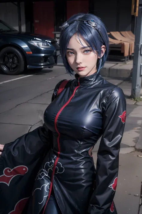 1girl, konan akatsuki in anime naruto, short hair, blue hair, black eyes, smile, beautiful, sexy dress, sexy clothes, black and red clothes, very big breast, realistic clothes, detail clothes, outdoor background, ultra detail, realistic