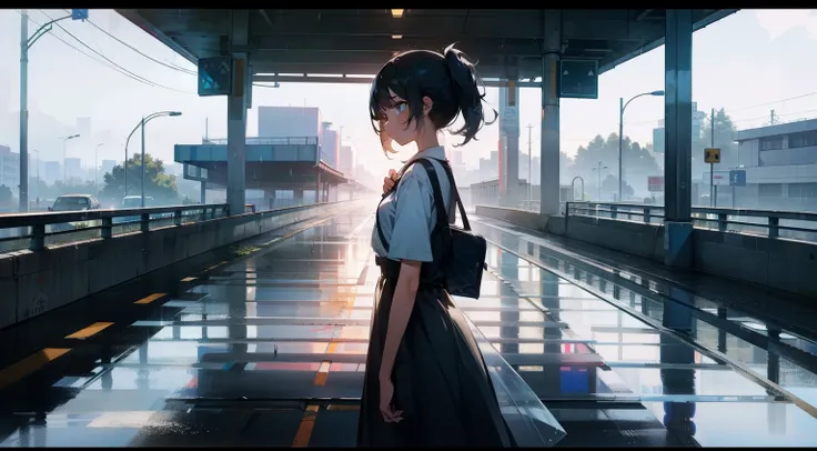 A girl on an overpass on the road,Early in the morning,It had just rained lightly,Clear air,Sunlight and rainwater above the road reflect on the building,The screen view is from top to bottom